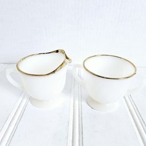 Fire King Oven Wear Milk Glass Golden Swirl Anchor Hocking Creamer & Sugar Bowl